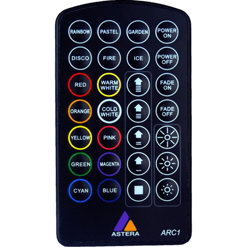 ASTERA - ARC1 - Arc1 FX Remote 
28 buttons for pre-defined programs and colors
10 preprogrammed colors; 5h, 8h, 12h Runtime settings;  
10%-100% Intensity and DIM +/-