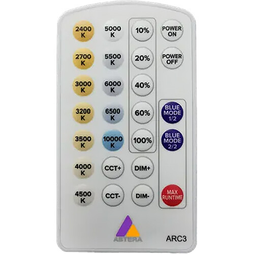 ASTERA - ARC3 - Arc3 White Remote
Power On/Off BlueMode by IR MAX Runtime Quick Select buttons     DIM+/DIM- buttons for more accurate intensity control
Quick Select buttons for CT from 2.400K – 10.000K CCT+/CCT-