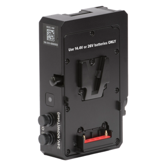 ASTERA - REX1-VM - RuntimeExtender V-Mount. RuntimeExtender is a battery plate to connect standard camera batteries to many Astera lights. This enables you to extend your production and work without worries when shooting films or lighting events.